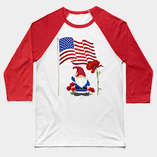 Gnome Lover, American Flag & Poppy Flowers Patriotic Baseball T-Shirt